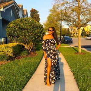 Navy Floral  high slit off the shoulder Maxi